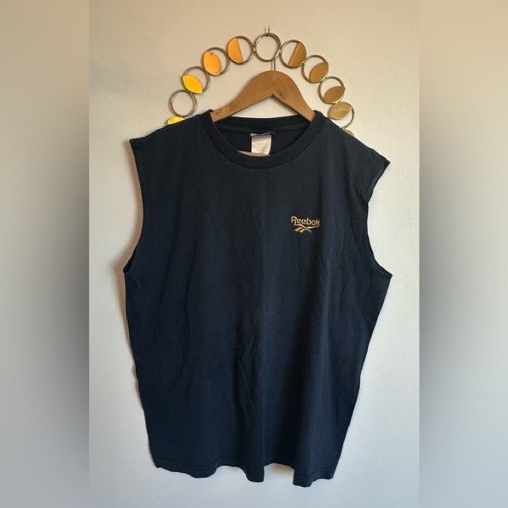 Y2K Sleeveless Reebok  Tee Shirt 90s Mens Size Extra Large Navy Blue Yellow Logo